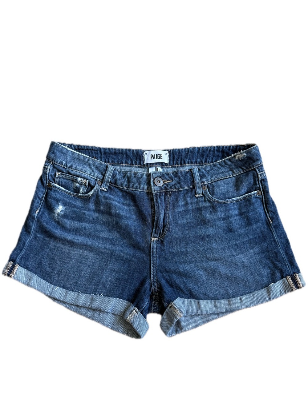 PAIGE Medium Blue Rolled-Hem Denim Shorts